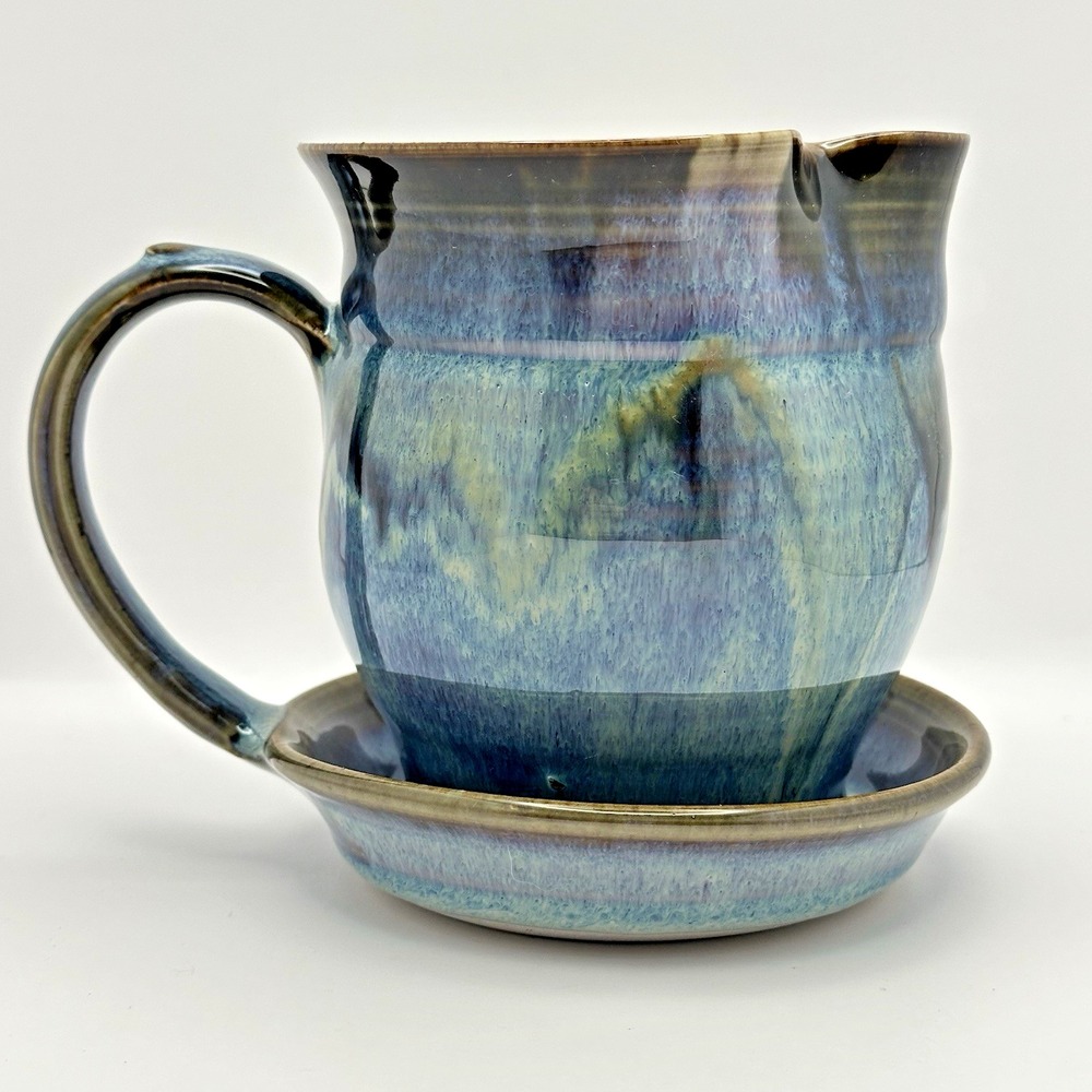 Signed Studio Pottery Gravy Boat Attached Underplate Blue Teal Art Pottery - Picture 3 of 9